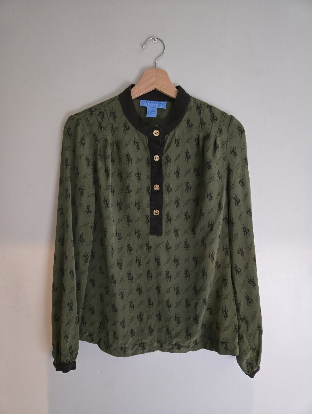 Vintage Doncaster Sport 100% Silk Top 10 Equestrian Western Old Money Green Gold